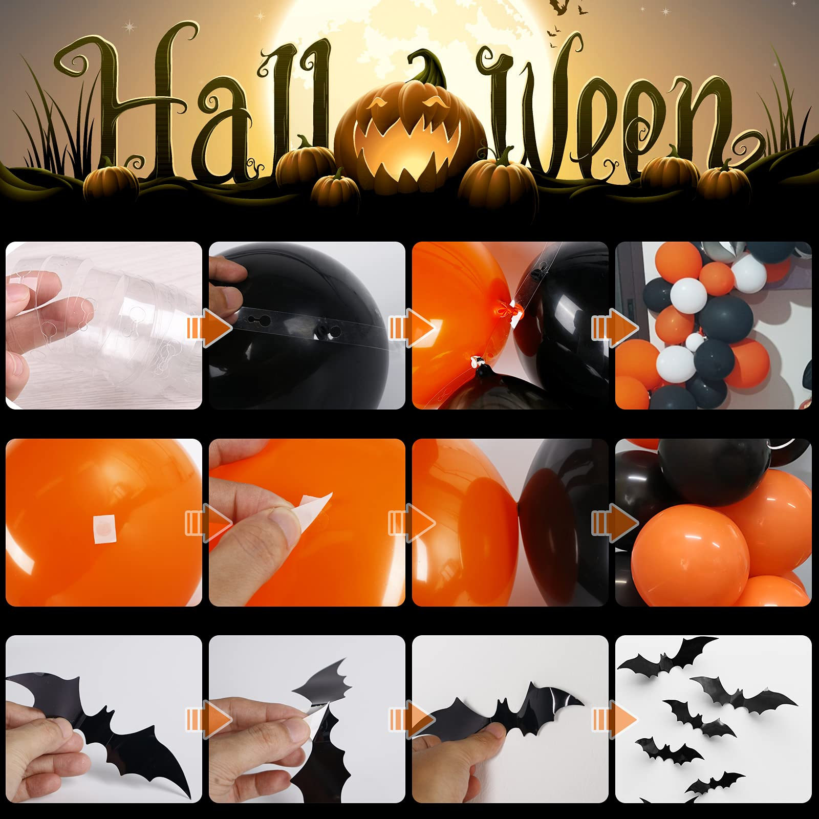 (74-tlg. Set) Happy Halloween Girlande Party Deko Ballons Grusel Spinnen Luftballon / Netz Vorhang - Schwarz / Orange