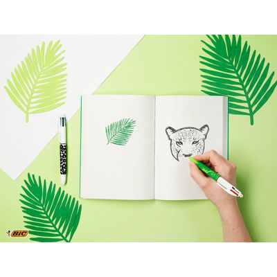 BIC 4 Couleurs - Stylo à bille 4 couleurs - 1 mm - corps texturé velours motif feuilles
