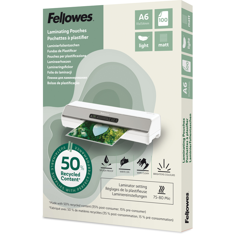 Fellowes Laminierfolien, recycelt, A6, 80 mic, matt, 100 Stück