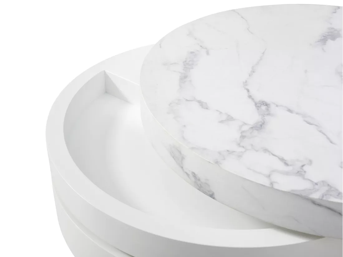 Table basse pivotante ronde avec 1 niche en MDF - Effet marbre blanc et blanc laqué - JANITA