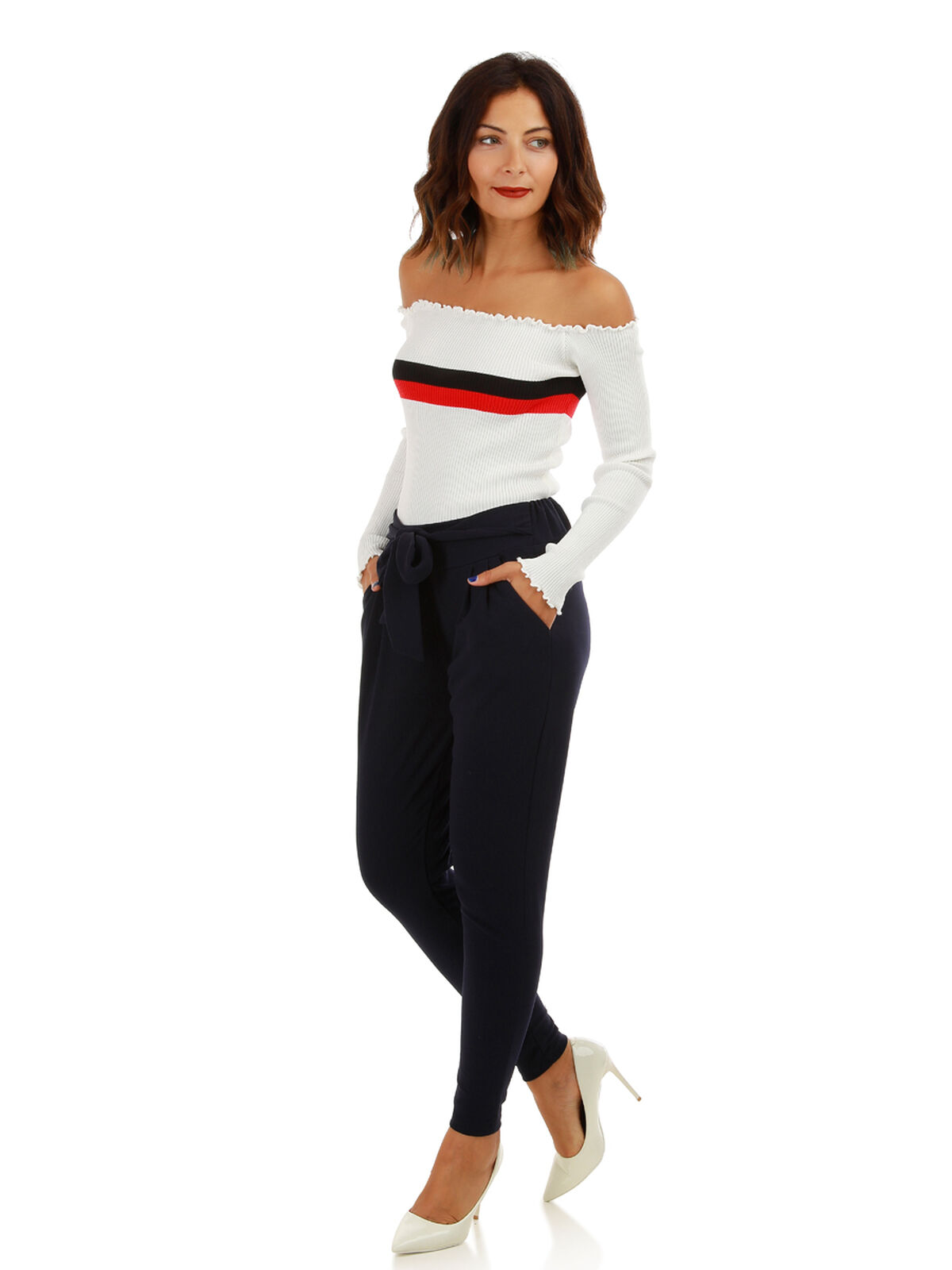 Pantalon carotte avec ceinture- Bleu marine