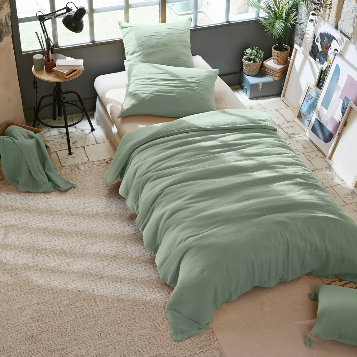 Housse de couette gaze de coton (140 x 200 cm) Gaïa Vert eucalyptus