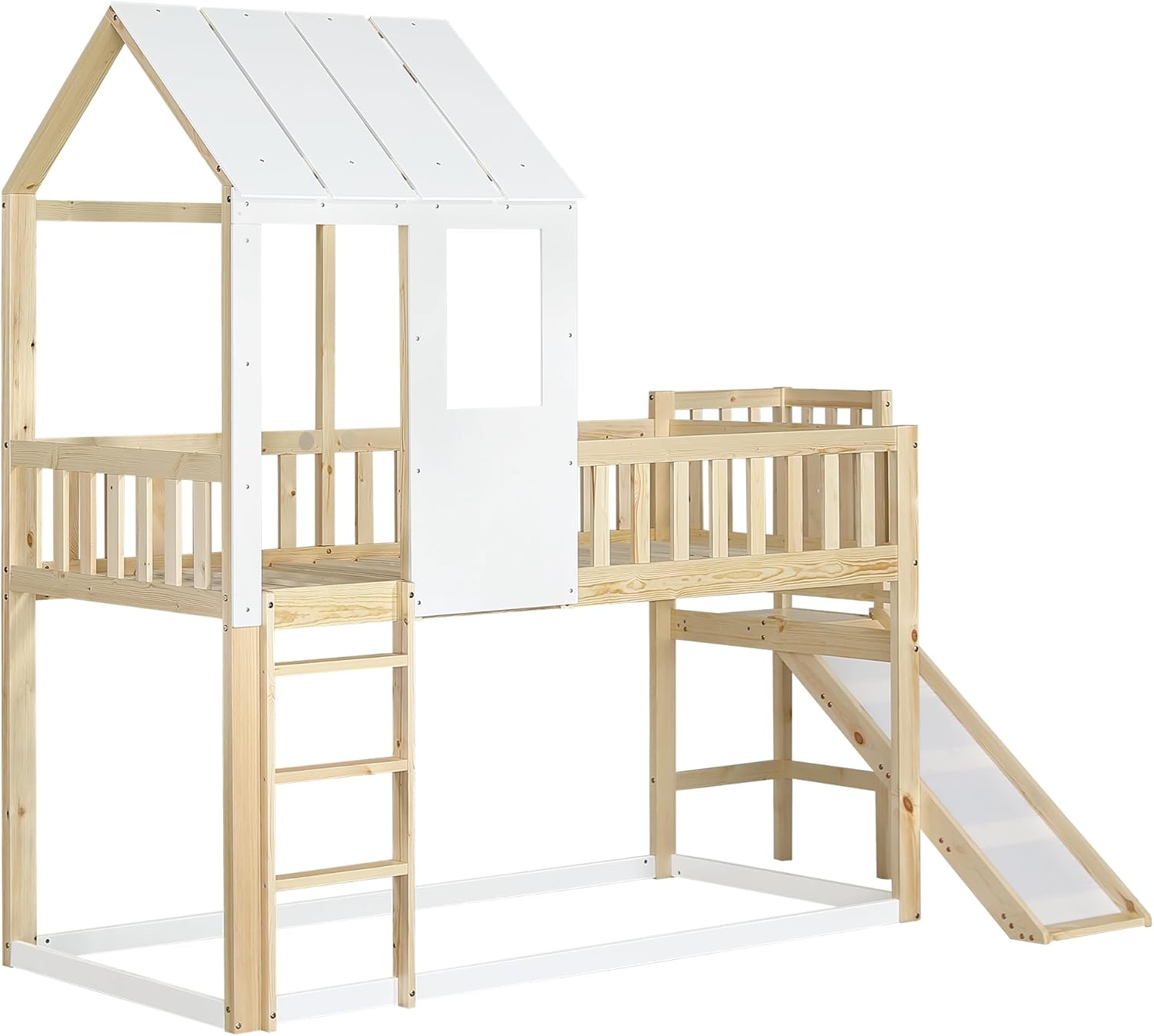 Moimhear Etagenbett mit rechtwinkliger Leiter und Rutsche, Hausbett mit Dach und Fenster, Kinderbett mit Fallschutz und Gitter, Rahmen aus Kiefer, Natur+Weiß (90x200cm)