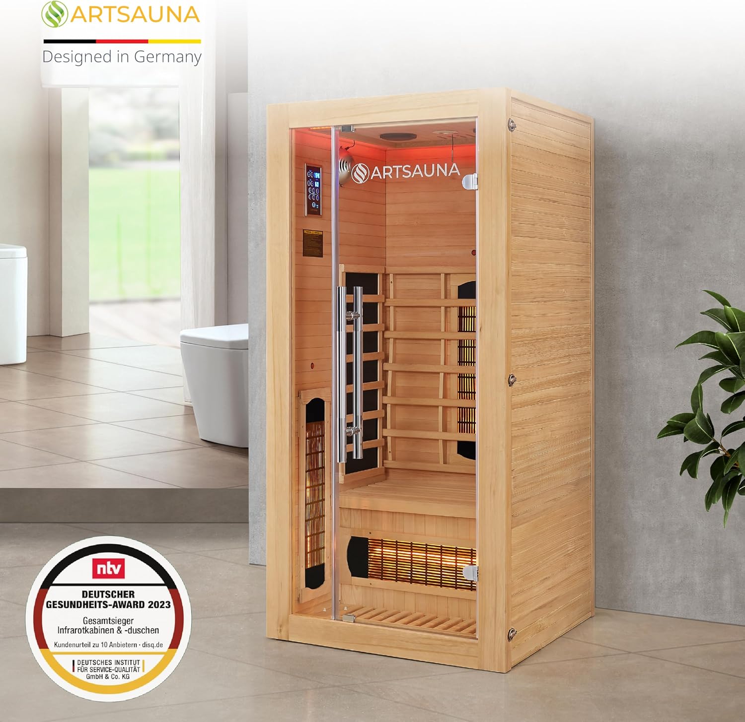 Artsauna Infrarotkabine Kiruna90 mit 4 Vollspektrum- & 3 Flächenstrahler, 1 Person, 90 x 90 x 190 cm, LED Farblicht & Glastür, Infrarotsauna Sauna