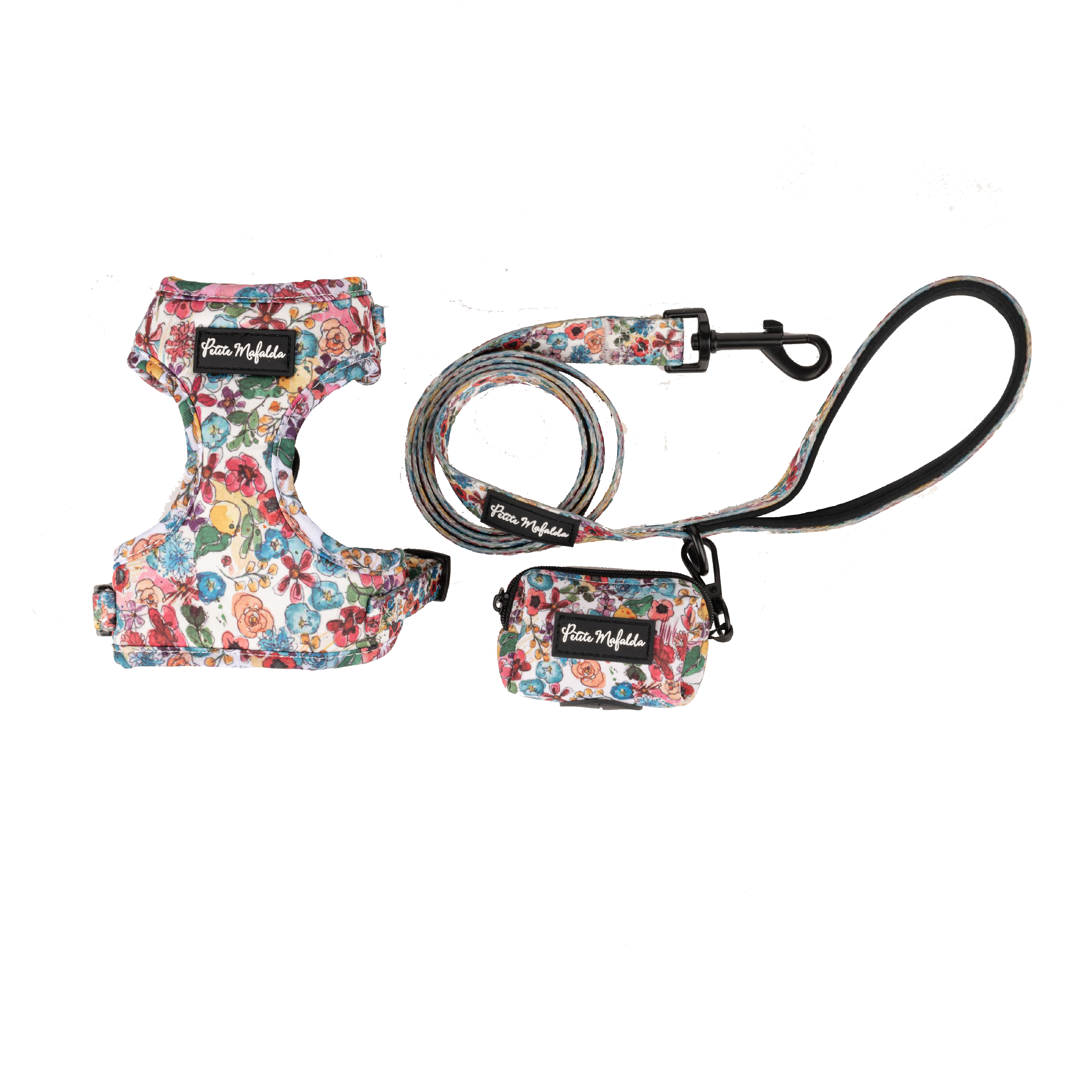 Conjunto Petite Mafalda com coleira, guia e porta-bolsas com estampa floral azul para cães.