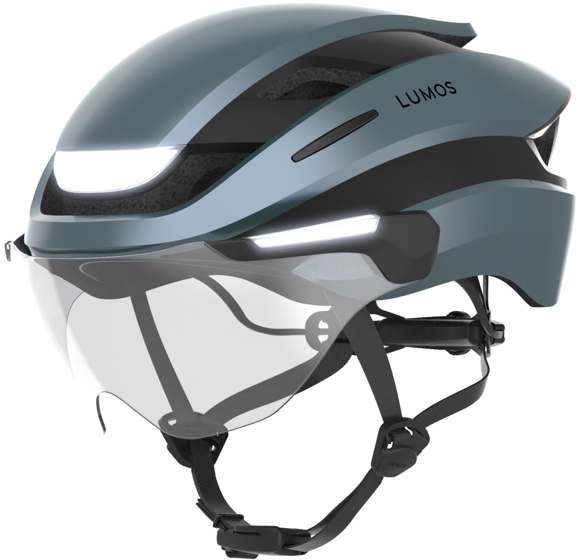 (Gr. M/L) Ultra E-Bike Verstellbarer Fahrrad Helm Velo Kopf Schutz mit Front- und Rücklicht / Blinkerfunktion / Visier - Blau
