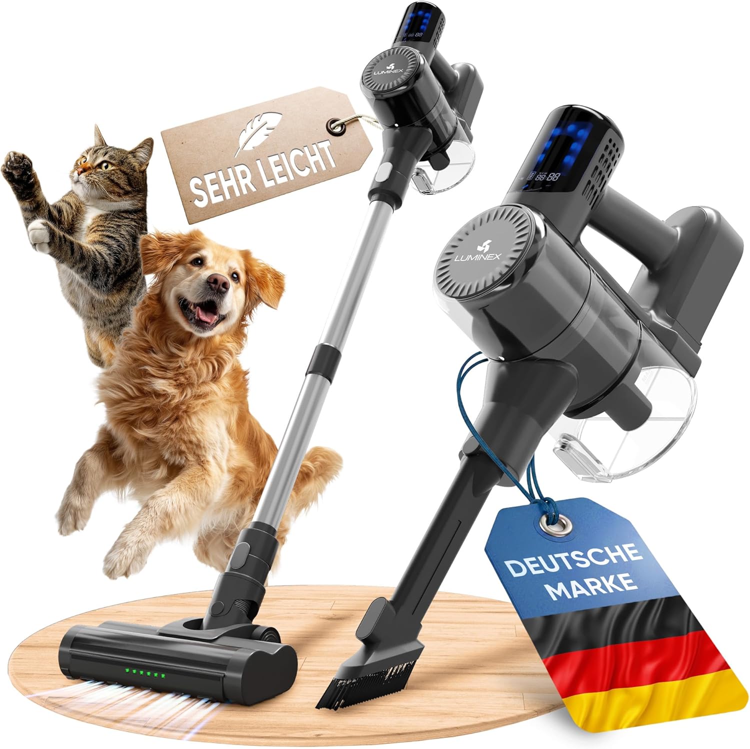 Akkustaubsauger [3-in-1] – kabelloser Staubsauger mit LED-Display & Echtzeit-Akkuanzeige | Anti-Tangle Bürste für Tierhaare | Akkusauger-Komplettset beutellos für Auto, Teppich & Haushalt