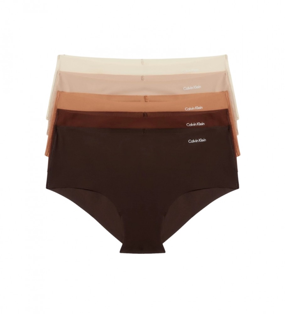 Conjunto de 5 calcinhas Calvin Klein modelo hipster invisíveis nas cores marrom, bege e nude.