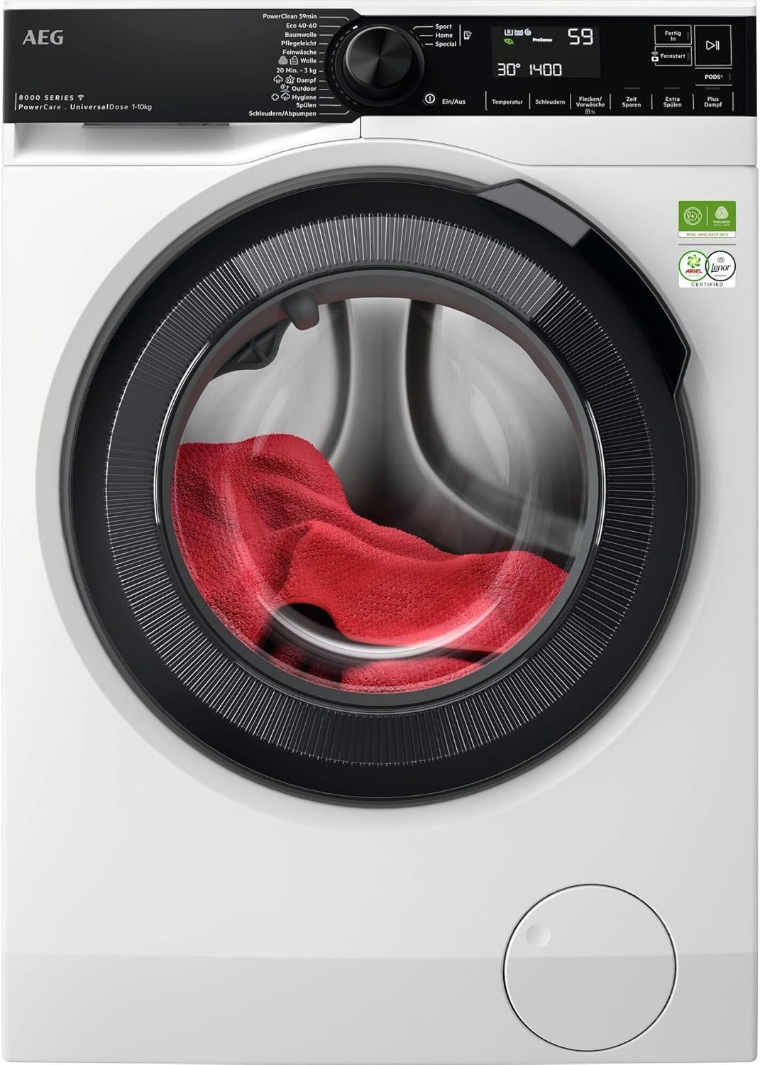 AEG WiFi Waschmaschine Serie 8000 mit PowerCare-Faserschutz, UniversalDose Schublade für PODS, ProSteam - Dampffunktion, 10 kg, Mengenautomatik, Nachlegefunktion, Wasserstopp, 1400 U/min, LR8EW75400