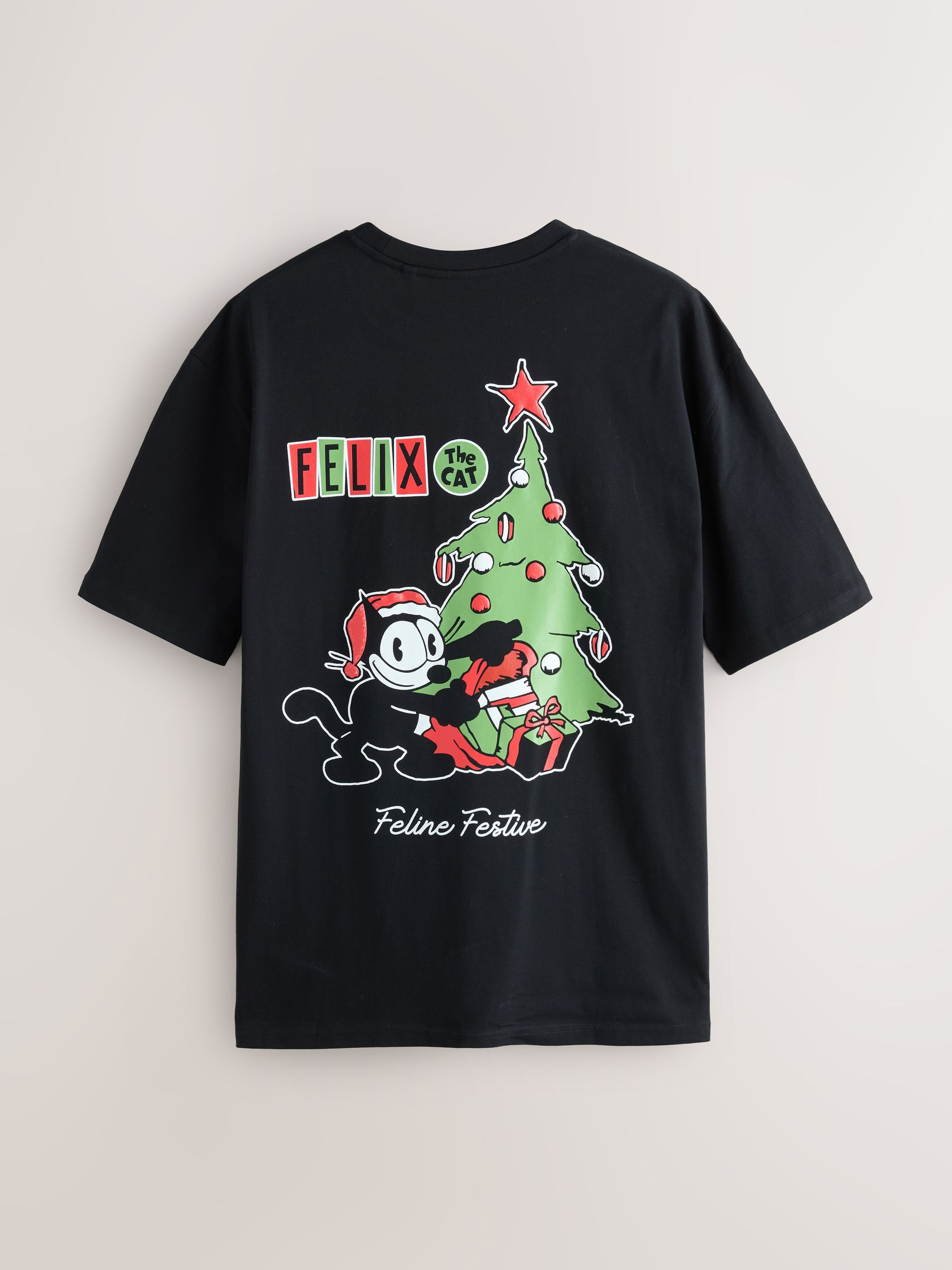 Zwarte Felix de Kat - Relaxed fit - Kerstmis T-shirt met grafische print