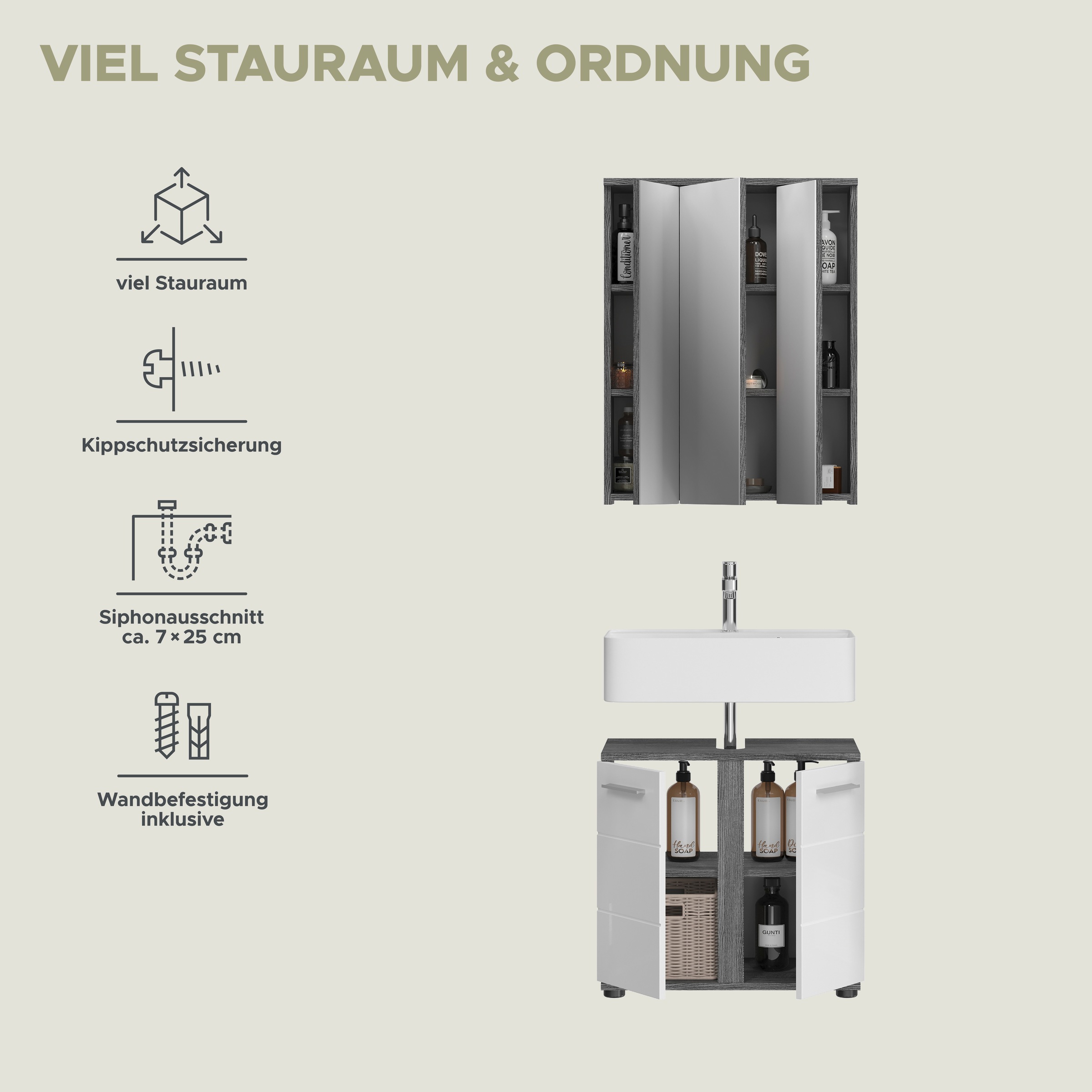 welltime Badmöbel-Set »LUCCA, 2- teilig, TOPSELLER!, Waschbeckenunterschrank, Spiegelschrank« Set, bestehend aus: 1x Waschbeckenunterschrank & 1x Spiegelschrank, 2 Stk. tlg.