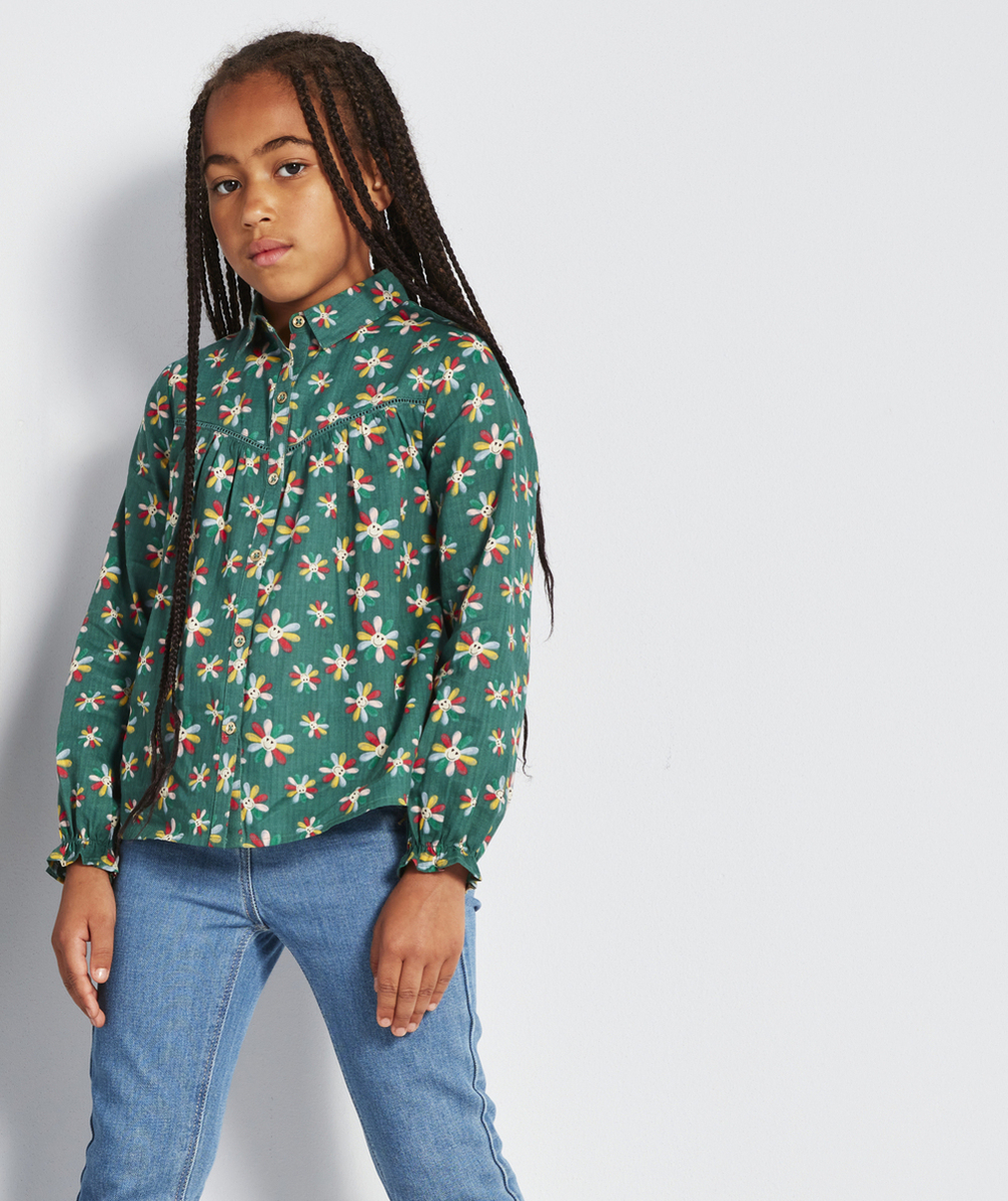 CHEMISE FILLE VERTE EN COTON ET IMPRIMÉE AVEC FLEURS SOURIRES
