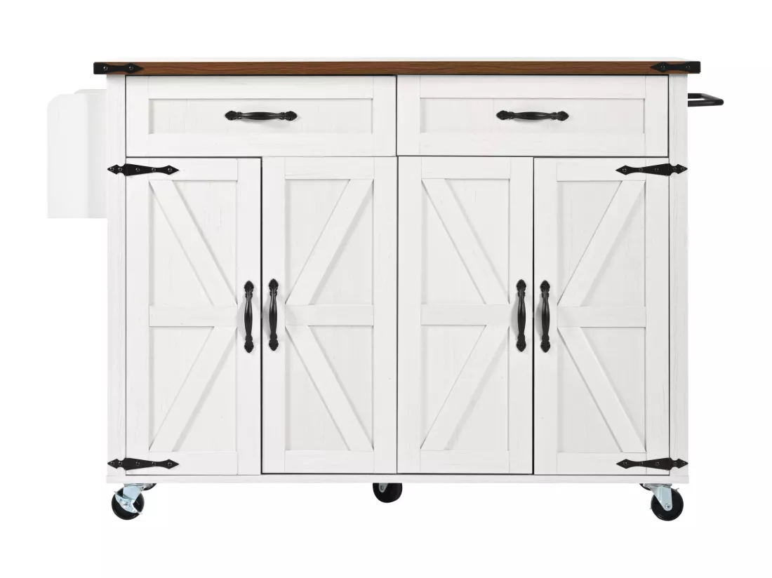 Ilot central de cuisine mobile avec 4 portes et 2 tiroirs - plateau extensible - 140 x 45/73 x 93 cm - Bois MDF + métal - Blanc + naturel