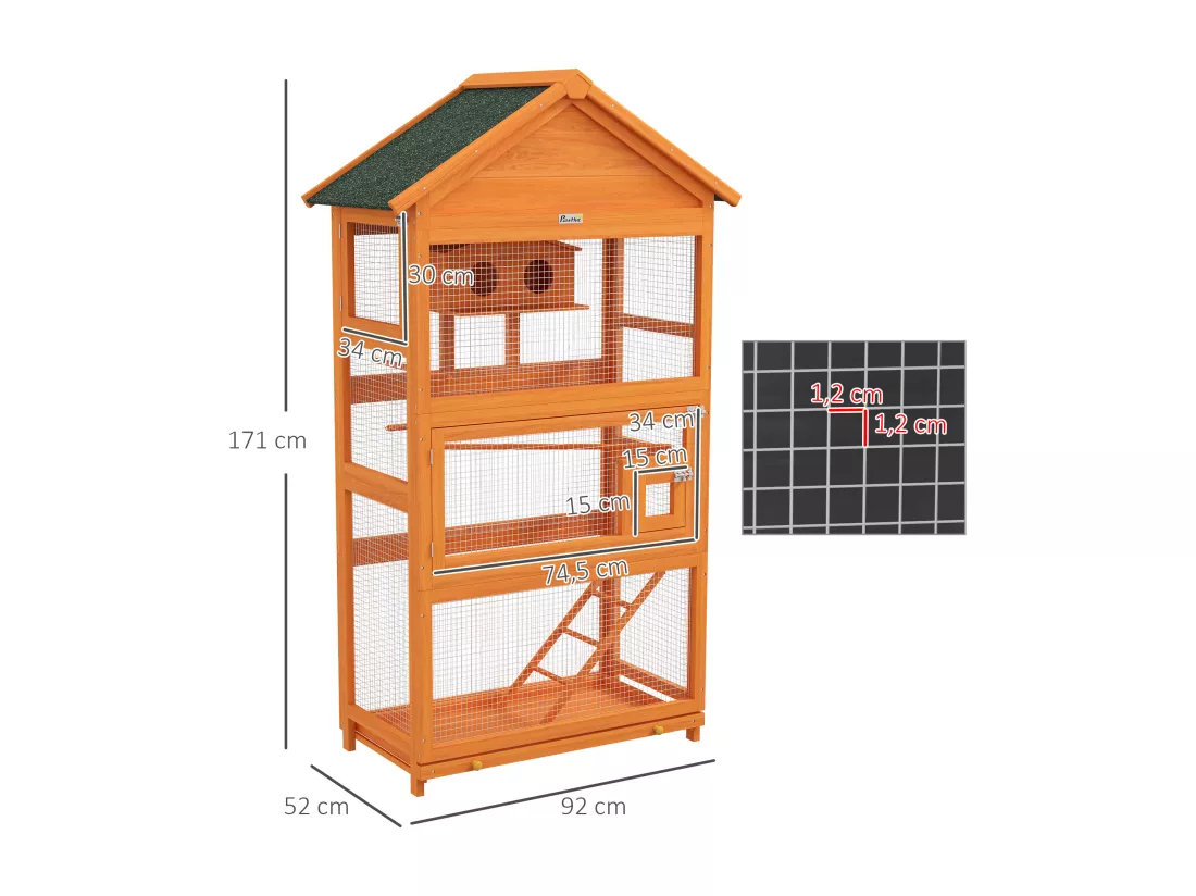 Cage à oiseaux volière grande taille 2 portes trappe toit asphalte tiroir amovible bois pré-huilé