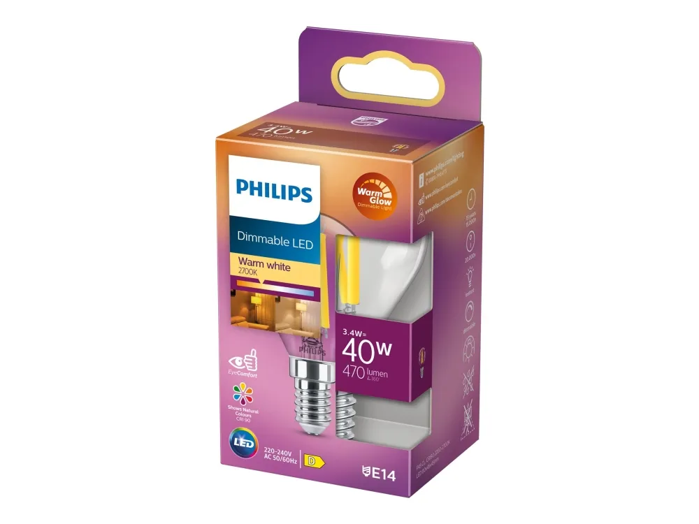 Philips - LED-filament-lyspære - form: P45 - klar finish - E14 - 3.4 W (tilsvarende 40 W) - klasse D - varmt hvidt lys - 2200-2700 K