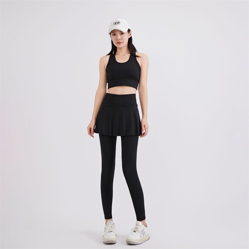 KUMI - Set: Sportieve effen bh-top + yogabroek met hoge taille en rokoverlay