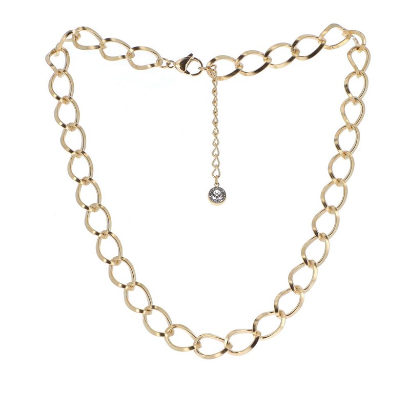 Collier en acier doré chaîne grosse maille, chaînette réglable avec pierre Crystal Swarovski