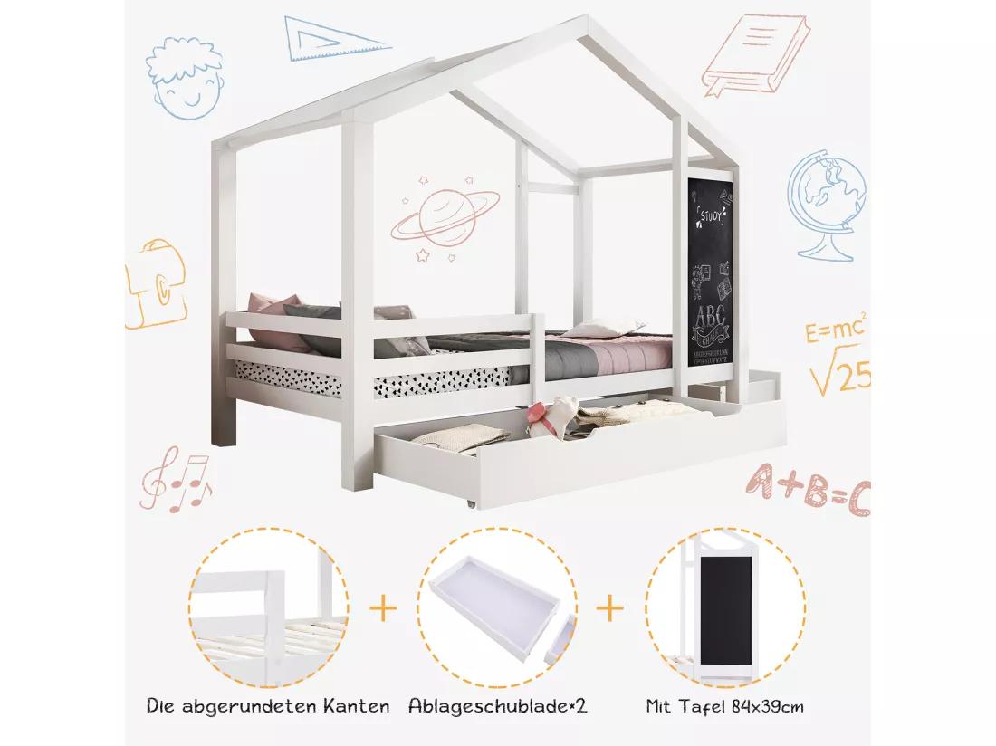 Lit gigogne cabane 2 x 90 x 200 cm - 2 tiroirs - Pin - Blanc - Sweiko