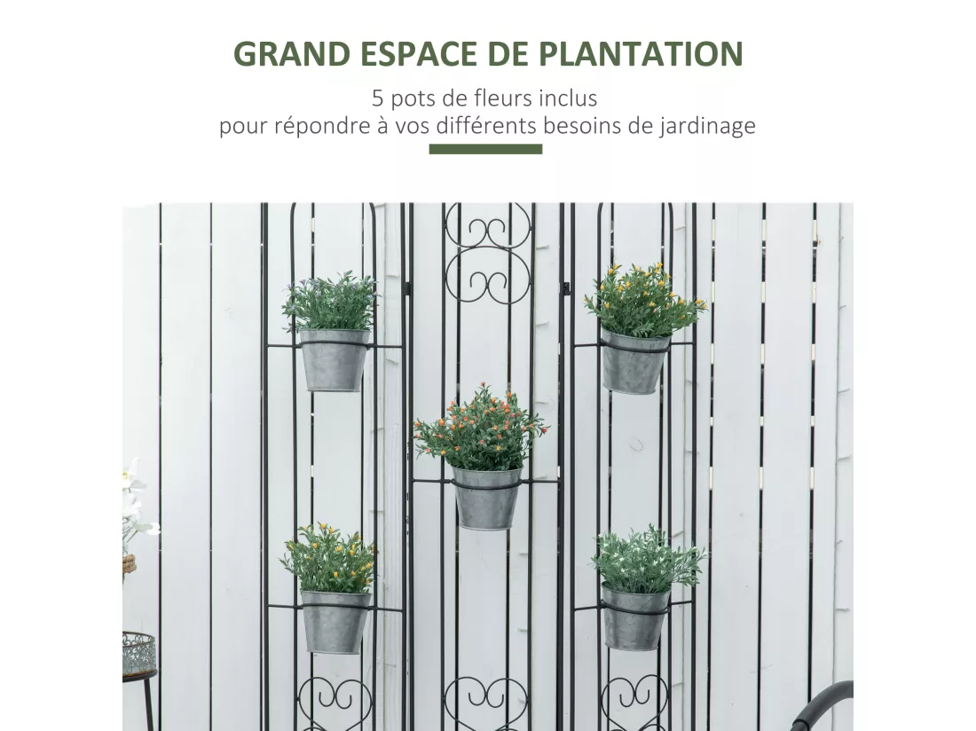 Étagère de pots de fleurs plantes en métal style fer forgé - support de plantes pliable métal à planter - 5 pots fleurs inclus