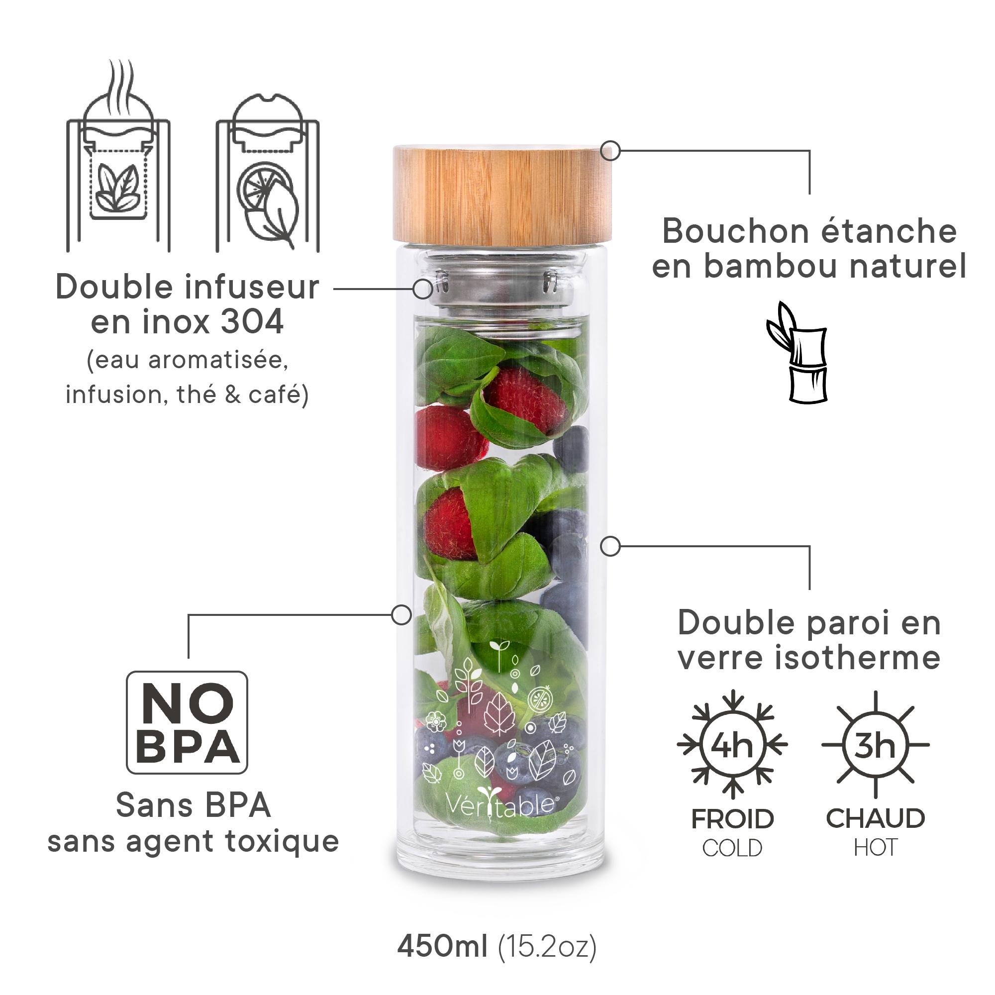 Bouteille en verre avec infuseur 450ml
