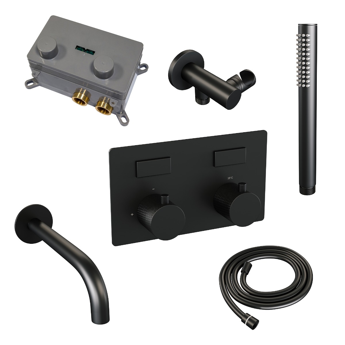 Brauer Black Carving thermostatische inbouw badkraan met uitloop en staafhanddouche set 3 zwart mat