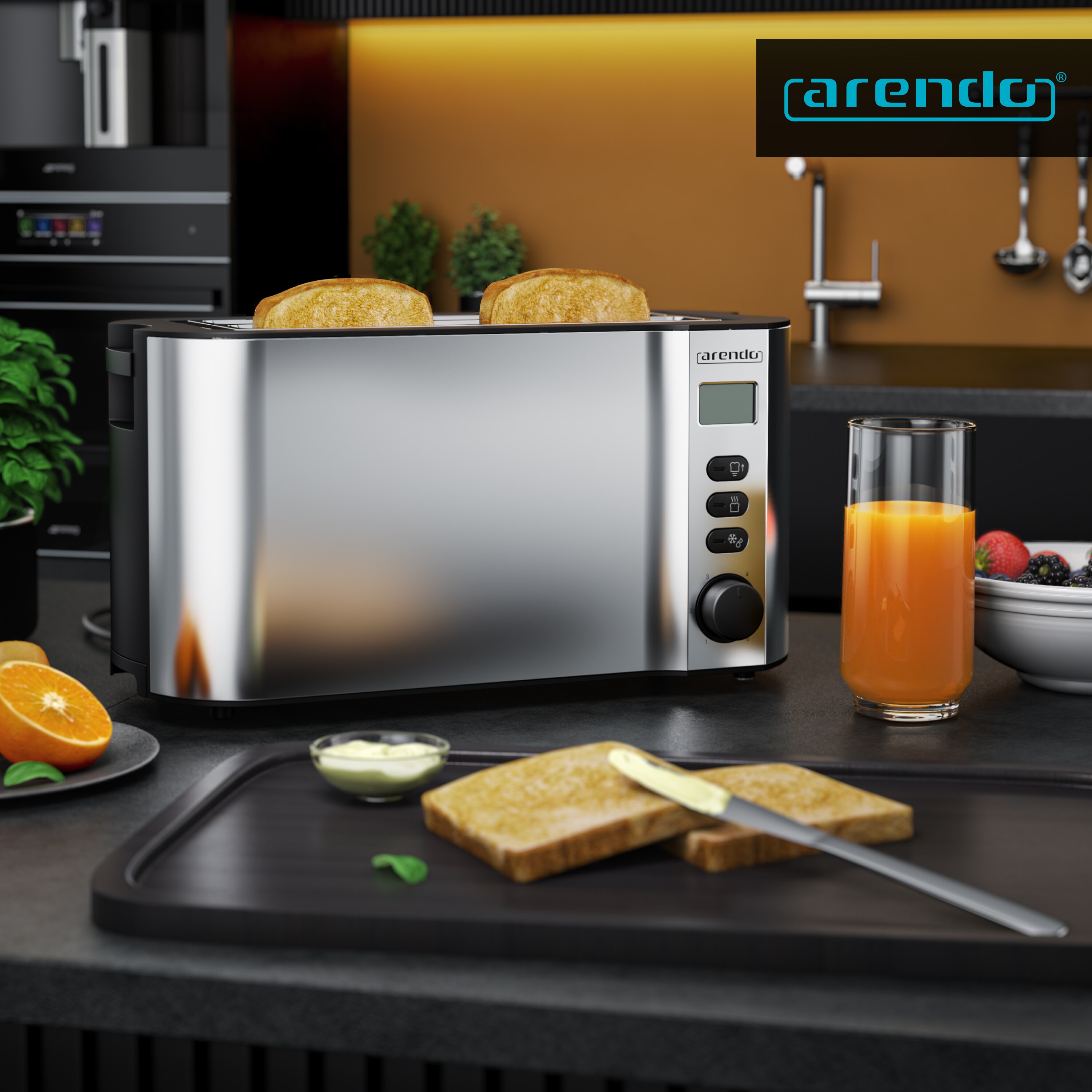 Arendo Toaster Edelstahl Langschlitz 4 Scheiben, Doppelwandgehäuse, integrierter Brötchenaufsatz, 6 Bräunungsstufen, Brotzentrierung automatisch