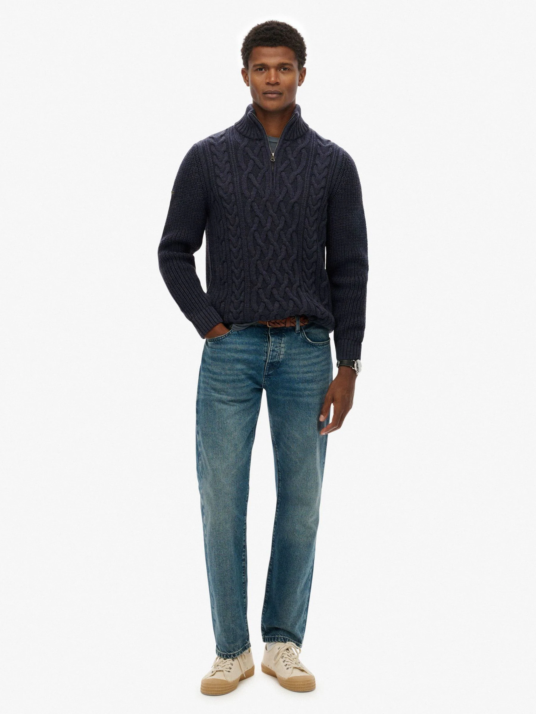 Indigo - Superdry Jacob kabelgebreide trui met halve rits