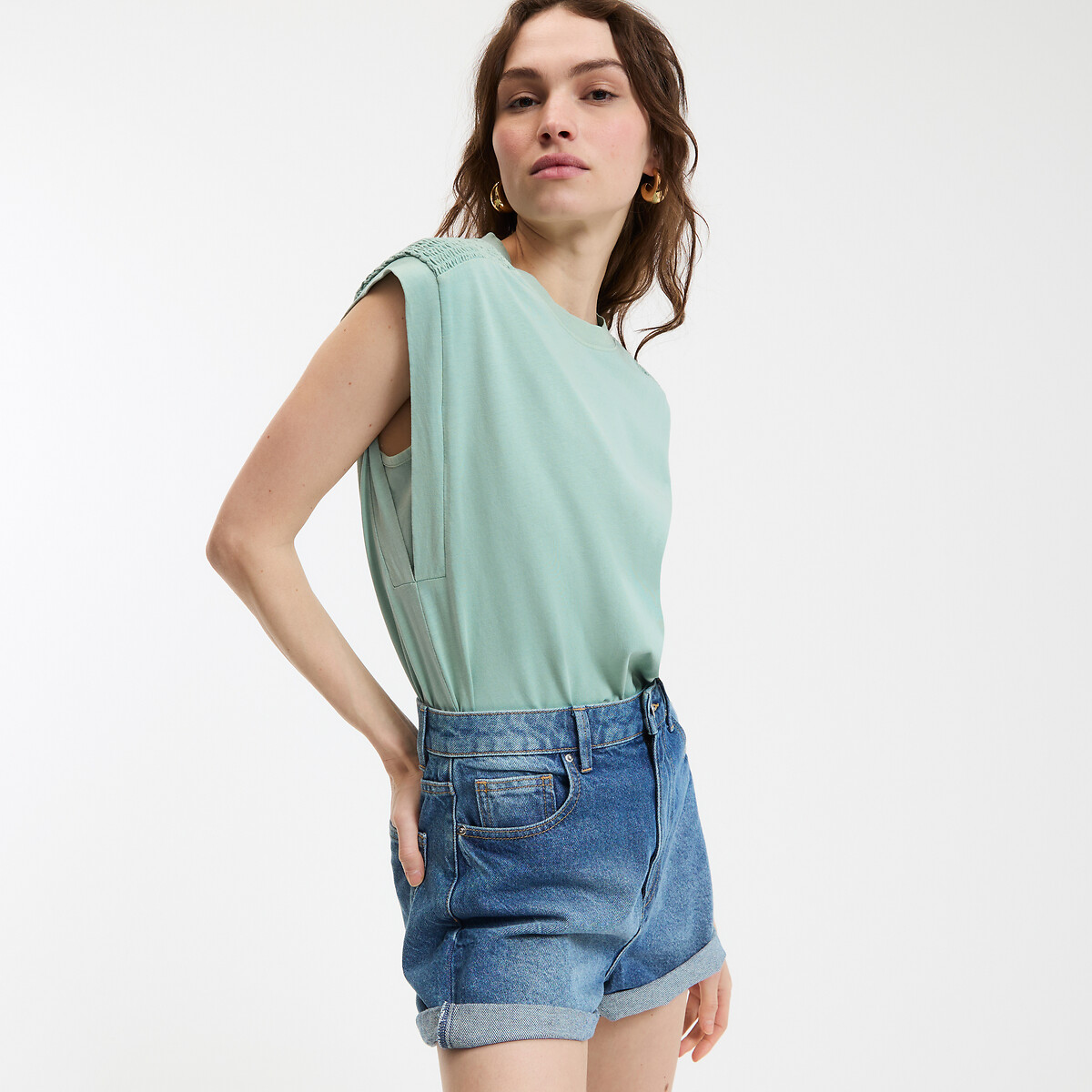 COLEÇÃO LA REDOUTE<br>Camiseta sem mangas com gola redonda e ombros franzidos
