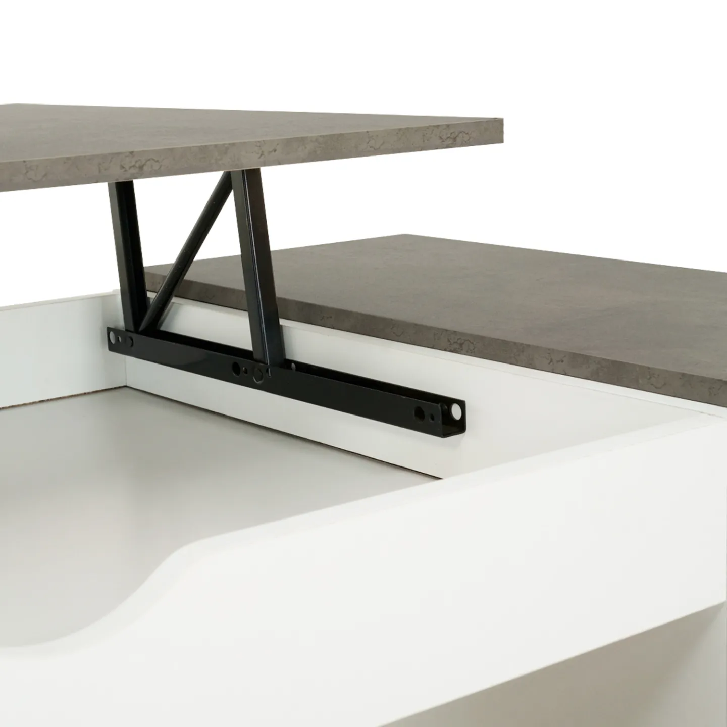 Table basse plateau relevable rectangulaire ELEA avec coffre bois blanc et effet béton
