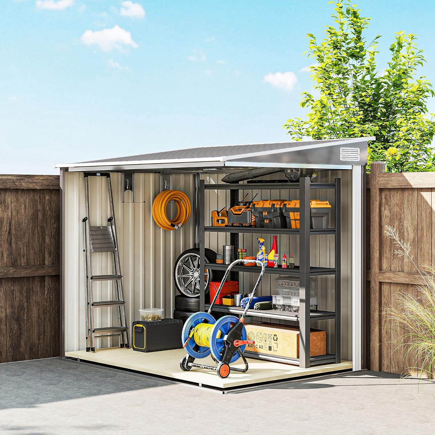 Outsunny Metall Gerätehaus 2,81m² 154x206,5x181 cm Geräteschuppen mit Pultdach Fundament Schiebetür wetterfest Gartenhaus Outdoor Garten Schuppen Schrank für Hinterhof Außenbereich Hellgrau