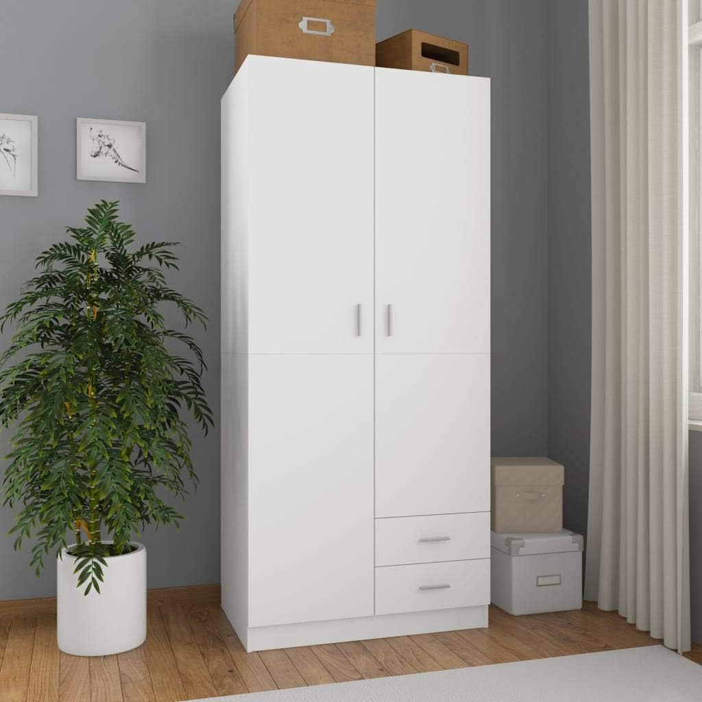 Kleiderschrank Holzwerkstoff mit 2 Türen 2 Schubladen Garderobenschrank Garderobe Schrank Schlafzimmerschrank Weiß 80x52x180 cm