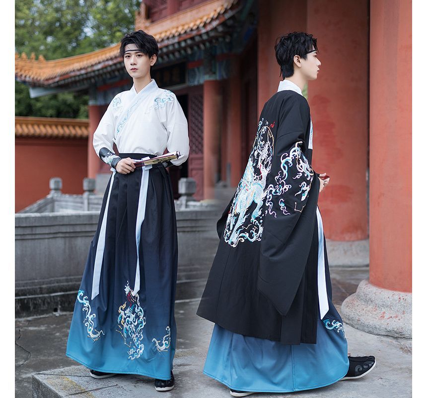 Pinocle - Geborduurde Hanfu-gewaad / Hanfu-top met lange mouwen / Maxi-rok / Armmouwen / Set