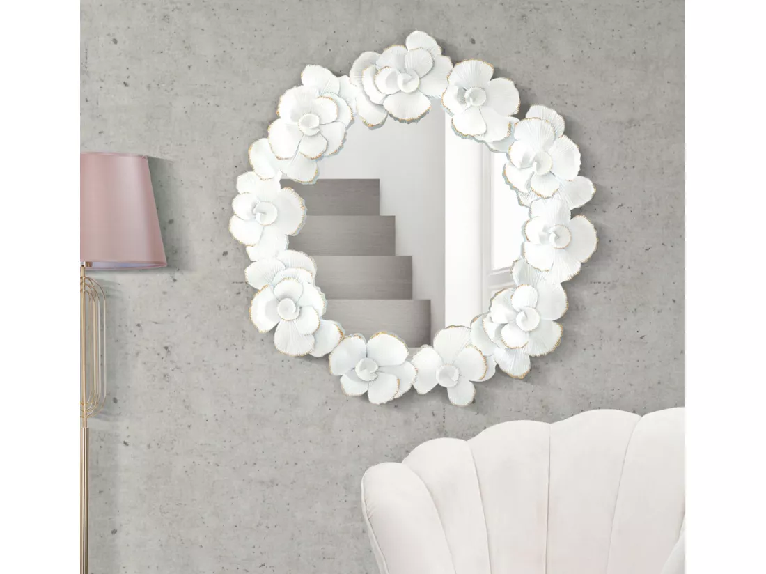 Miroir Rond Métallique Blanc avec Fleurs Dorées et Détails Élégants – Miroir Décoratif Glamour pour Intérieur 82x2,6x85,5 cm