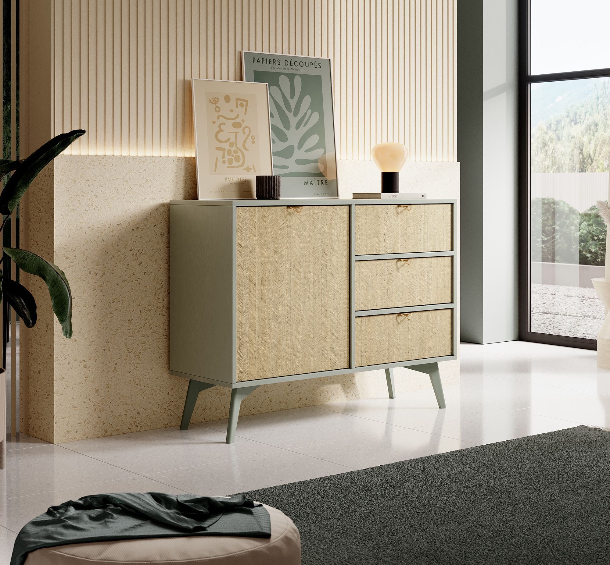 Meubella - Dressoir Essence - Groen - Licht eiken - 106 cm