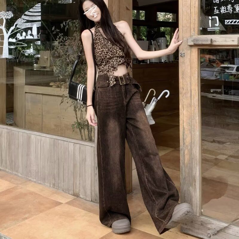 Cossita - High Waist Washed Wide Leg Jeans met riem