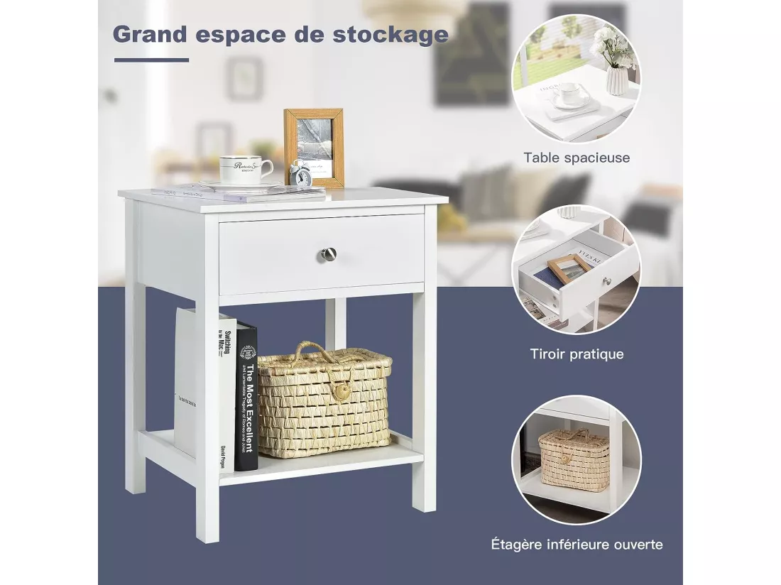 Table de Chevet Lot de 2, Table d'Appoint Moderne pour Chambre, Salon, Canapé, 48 x 40 x 58 CM, Assemblage Facile, Blanc