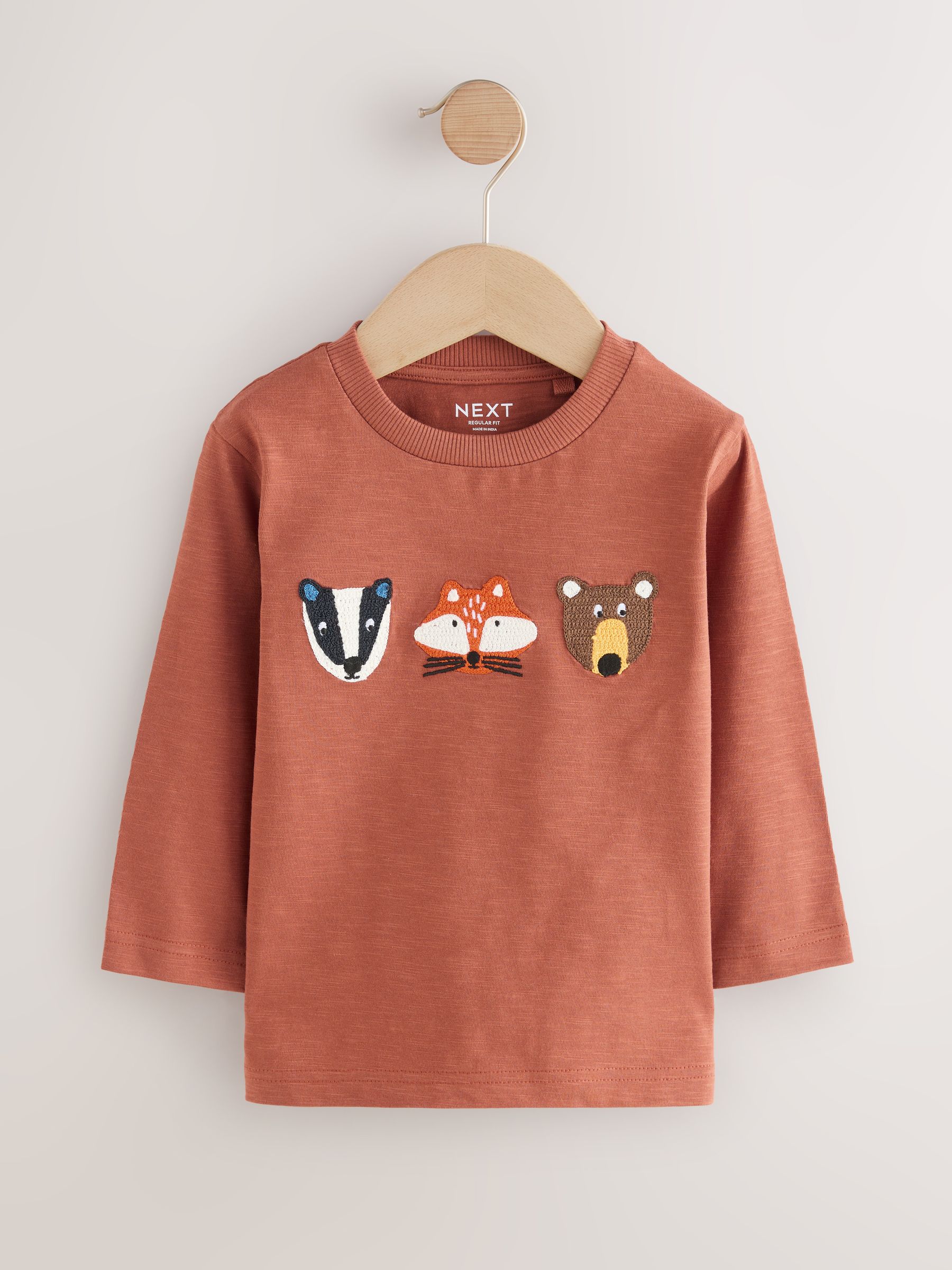 Roestbruine bosdieren van het bos - T-shirt met applicatie en lange mouwen (3 mnd-7 jr)