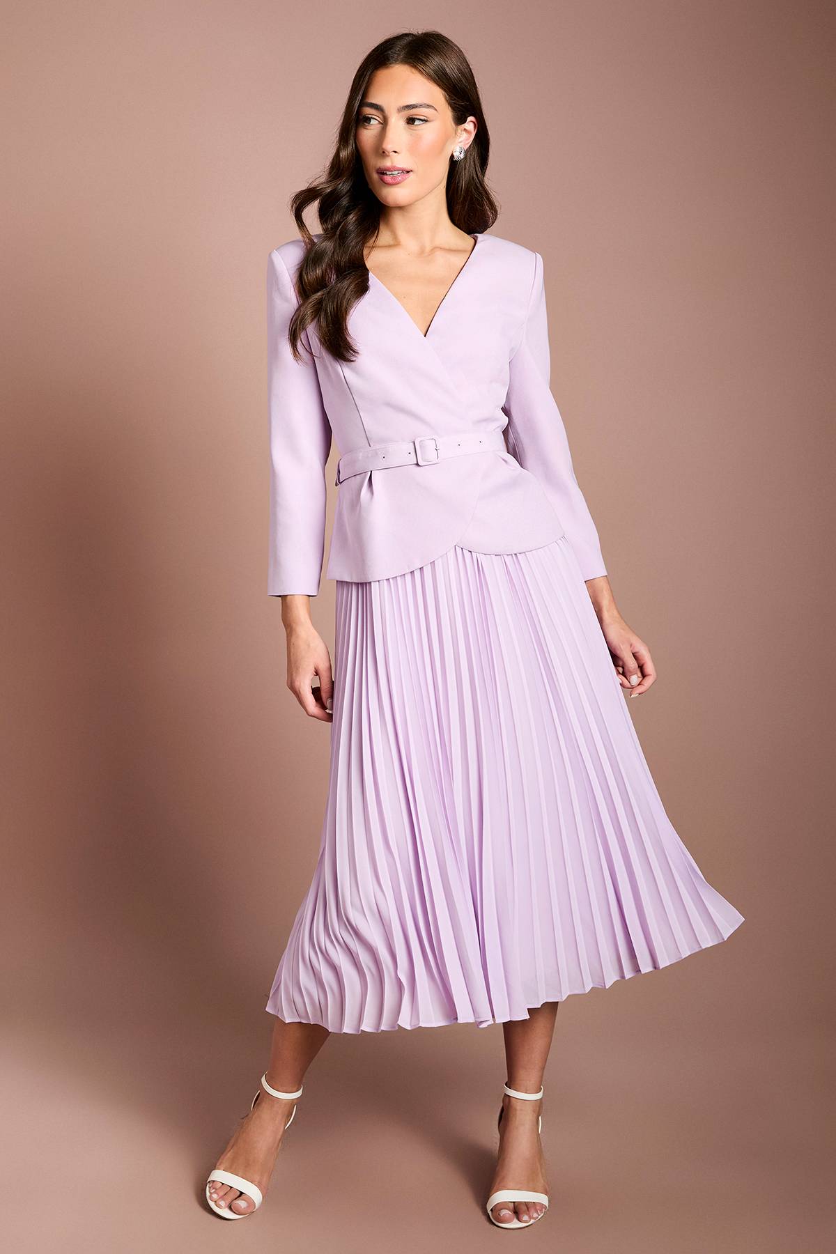Coast Robe Midi Plissée à Manches Longues et Corsage en Crêpe