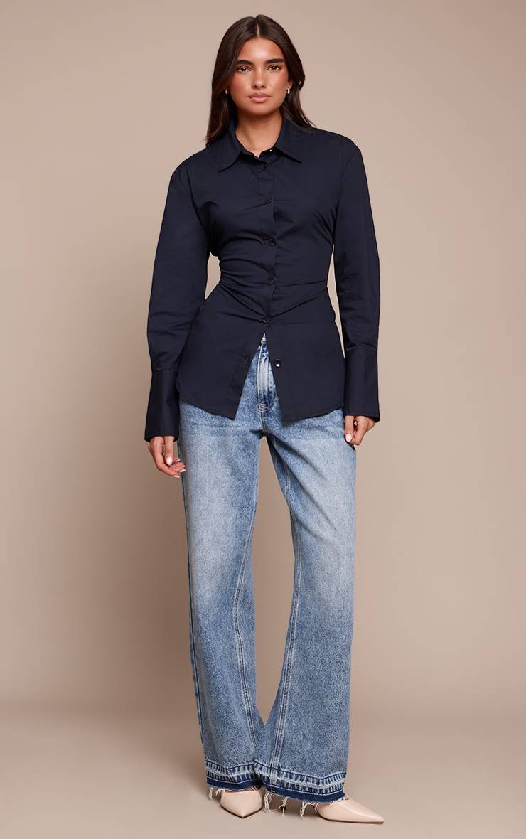 Bleu Marine Chemise Cintrée À Dos Noué Et Poignets Profonds
