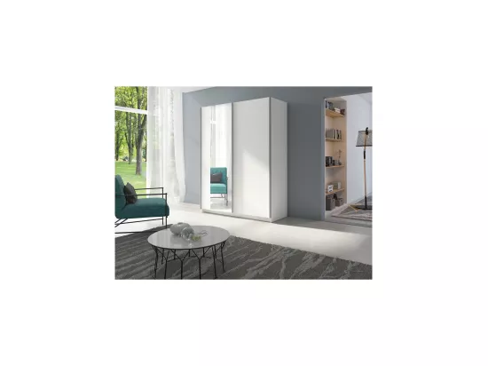 Armoire GOZU 2 portes coulissantes avec miroir - Coloris Blanc - 150 x 198 x 62 cm