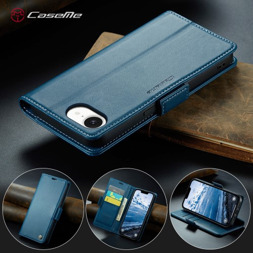 iPhone 16e Leder Tasche Flip Wallet Etui mit Kartenfächern Litchi Look (RFID Schutz) - Blaugrün