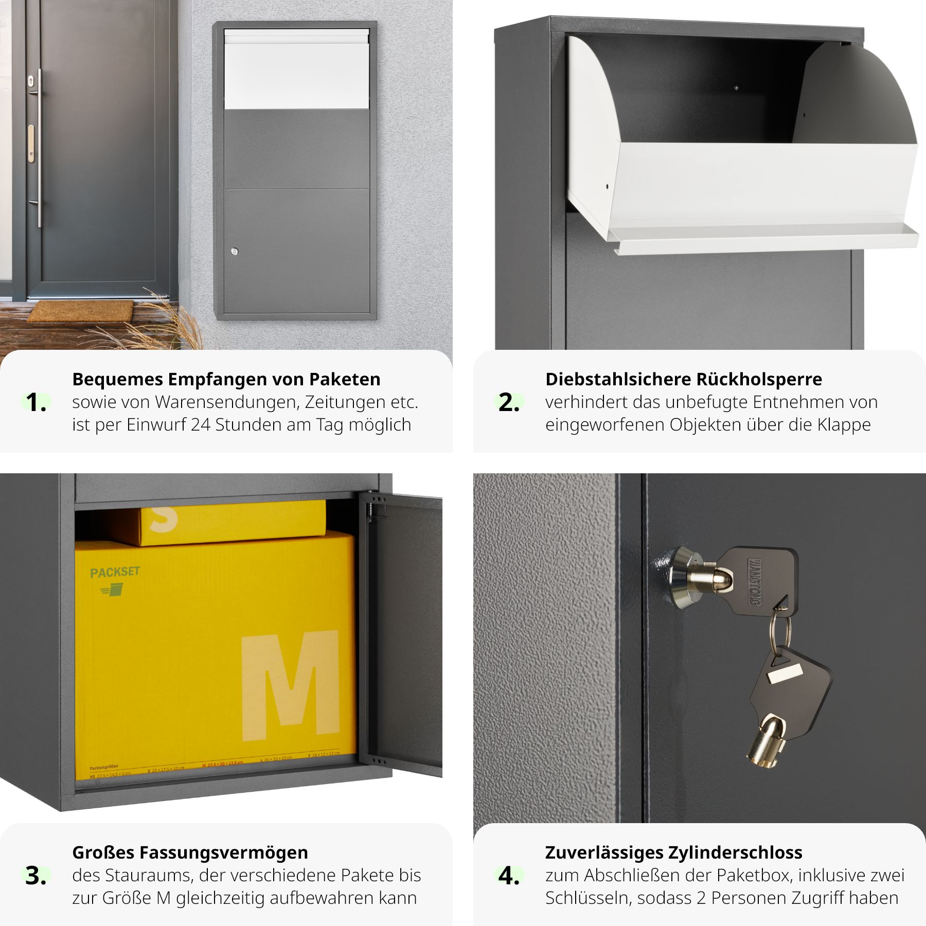 tectake® Paketbox, mit integrierter Rückholsperre, zur Wandmontage, Paketmaße bis 39 x 30 x 12 cm
