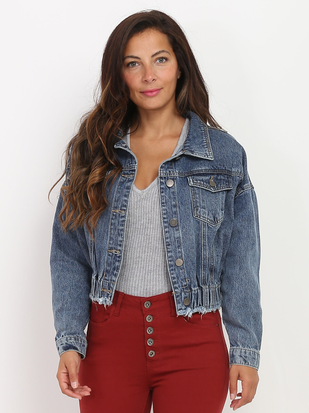 Veste en jean courte avec élastique- Bleu
