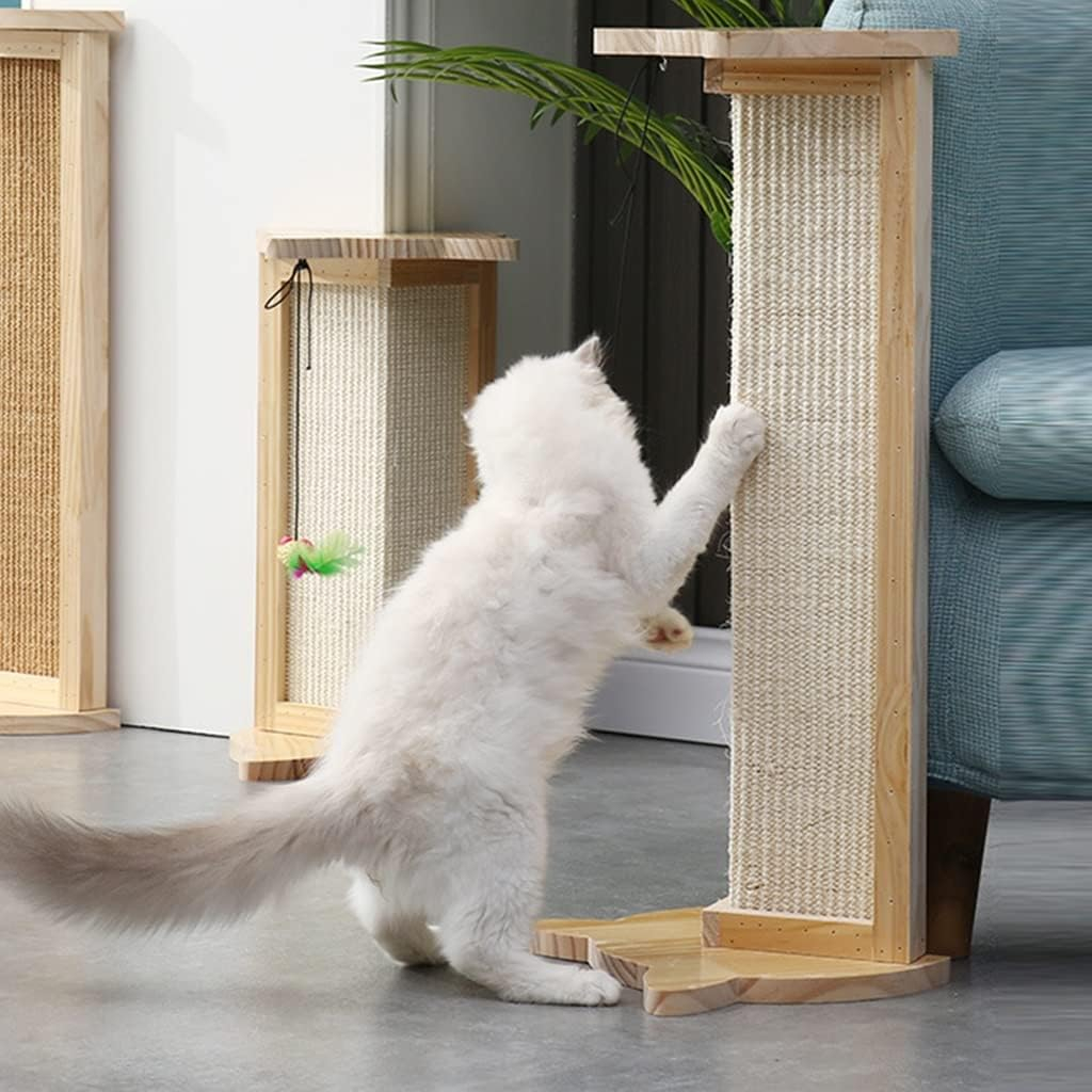 (64x25cm) Holz Katzen Kratzstamm Sisal Kratzsäule mit Spiel Maus / Feder - Beige