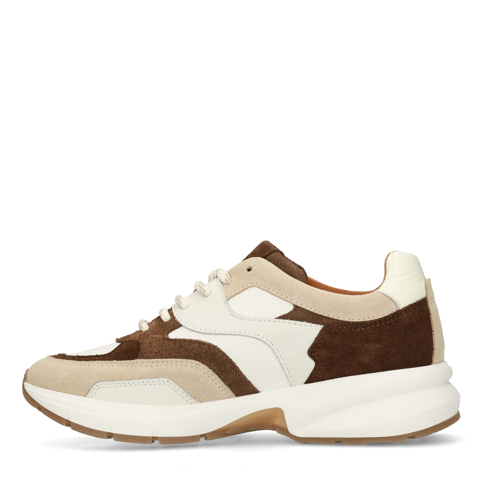 Beige leren sneakers met multicolor suède details