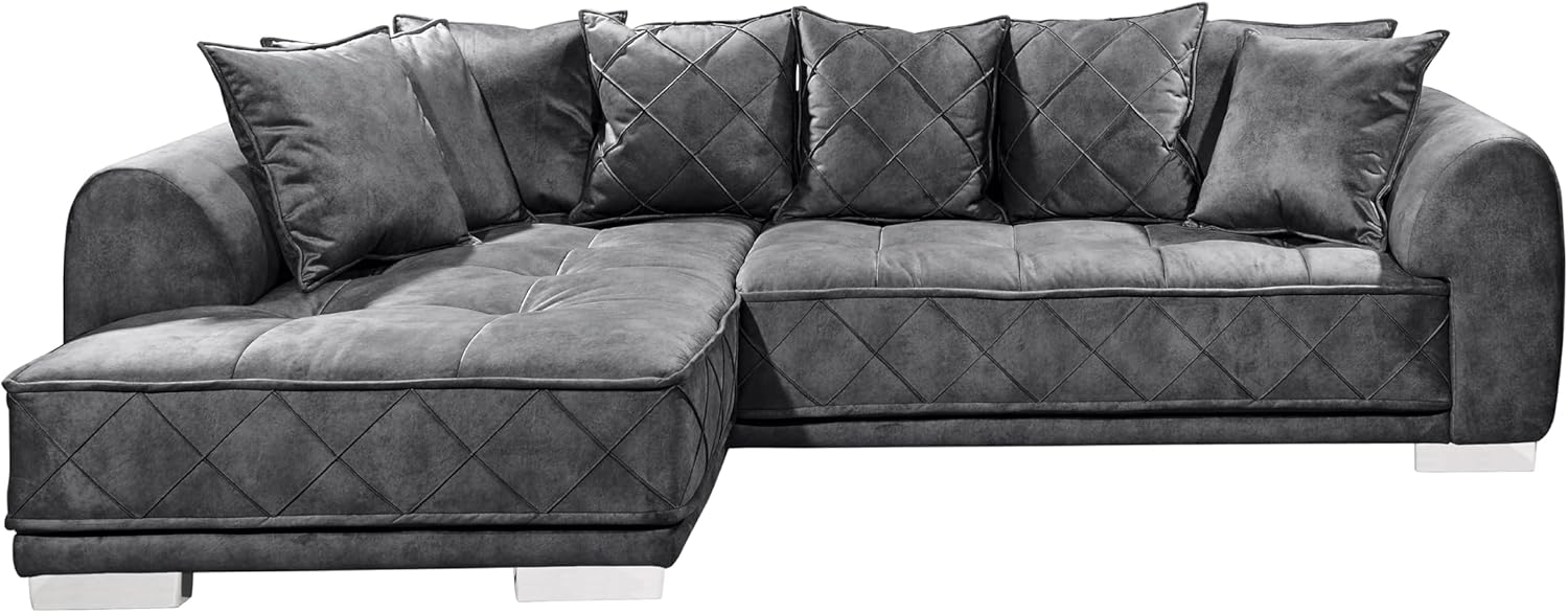 Stella Trading SENTINA Ecksofa in Samtoptik, Anthrazit - Moderne Eckcouch in L-Form mit universell stellbarer Ottomane & dekorativer Steppung - 319 x 73 (90) x 194 cm (B/H/T)