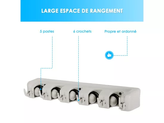 Porte Balais Mural avec 5 Emplacements et 6 Crochets/Support Balais Mural pour Salle de Bain, Cuisine ou Garage-Blanc
