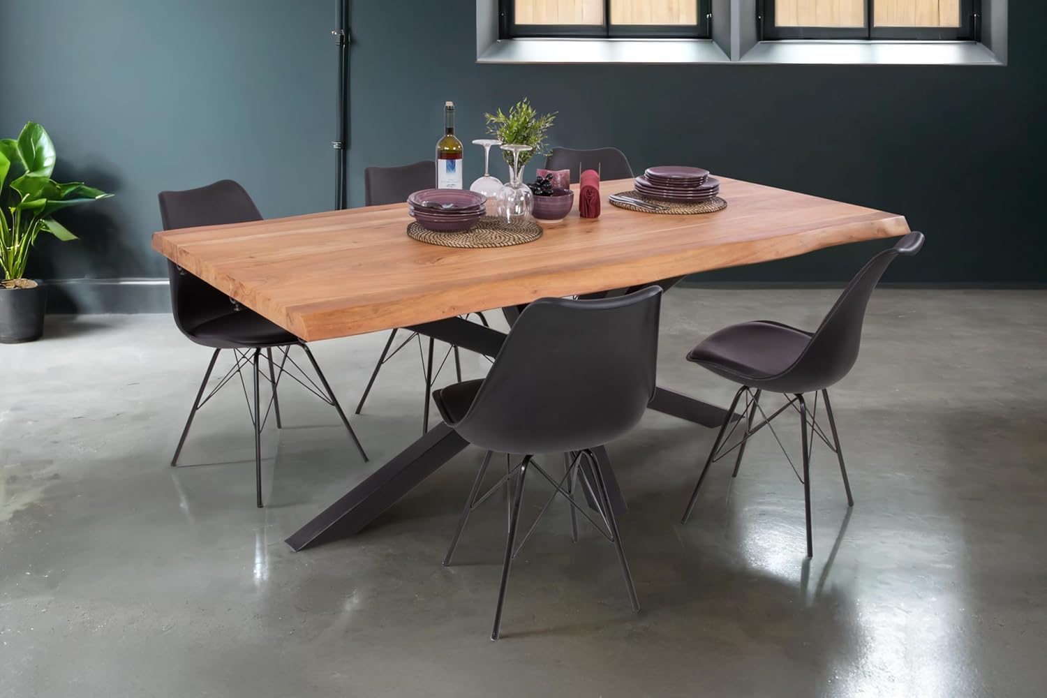 SAM Esstisch Cali mit Ansteckplatten | 180 x 90 cm (erweiterbar auf 280 x 90 cm) | Akazie massiv & naturfarben | echte Baumkante | Spider-Gestell Metall schwarz | Baumkantentisch/Esszimmertisch