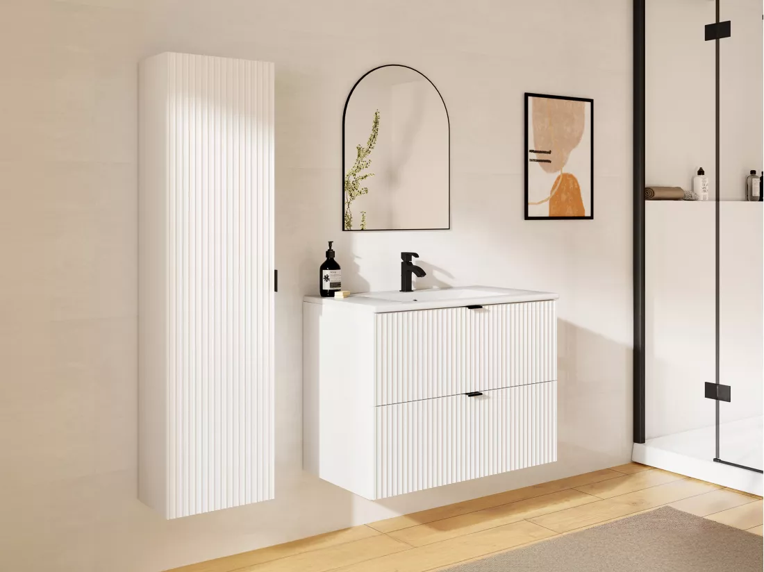 Meuble de salle de bain suspendu strié avec vasque à encastrer et colonne - Blanc mat - 80 cm - ZEVINI