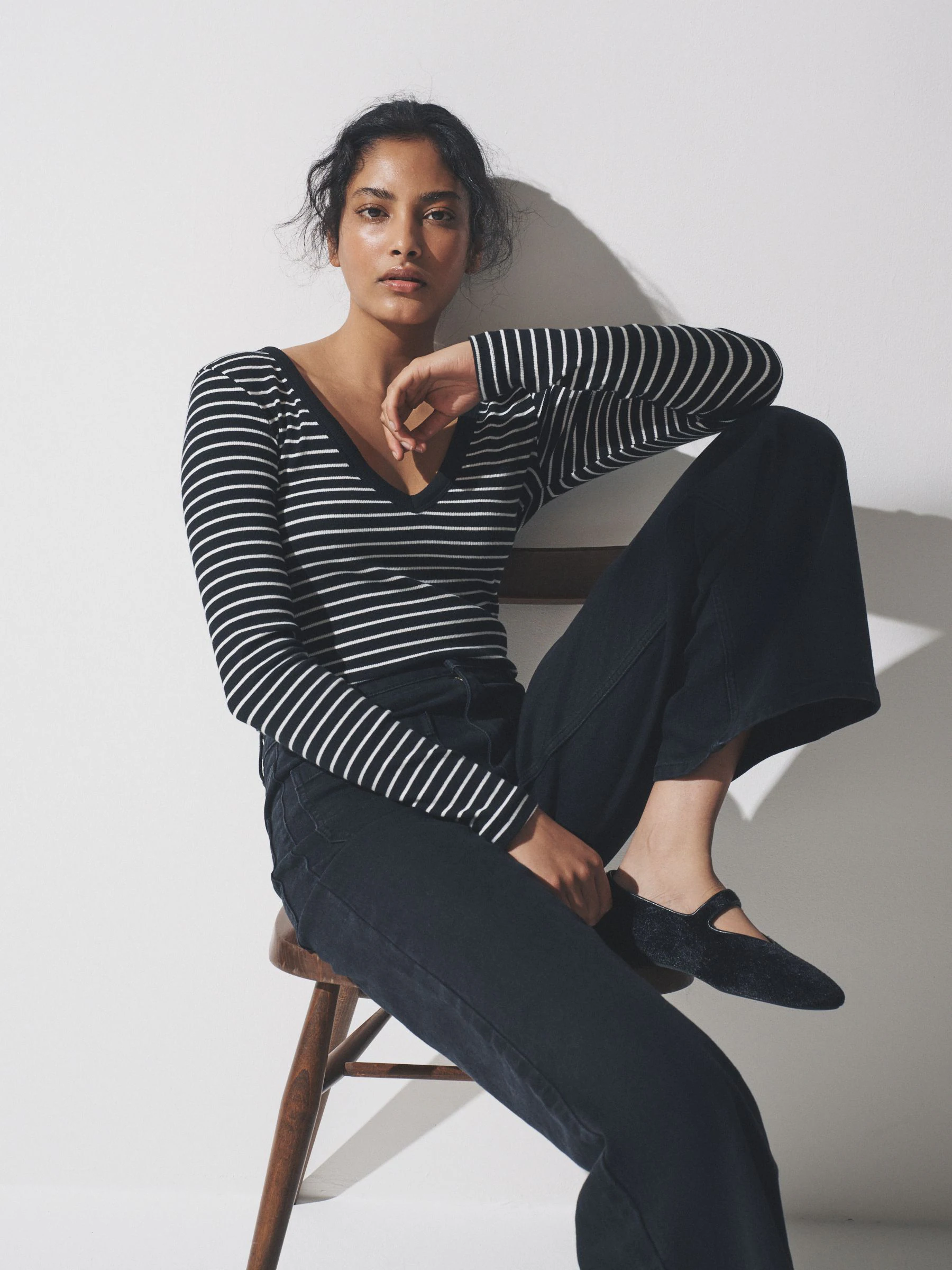 Black/Stripe/Grey/White - The Set 4 Pack V-Neck Ribbed Long Sleeve T-Shirts
